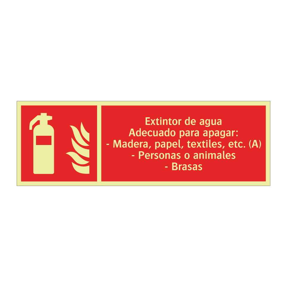 Extintor de agua Adecuado para apagar: - Madera, papel, textiles, etc. (A) - Personas o animales - Brasas