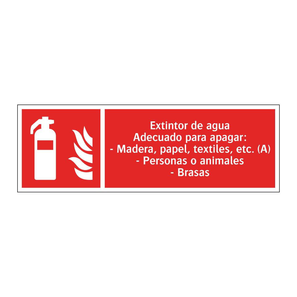 Extintor de agua Adecuado para apagar: - Madera, papel, textiles, etc. (A) - Personas o animales - Brasas