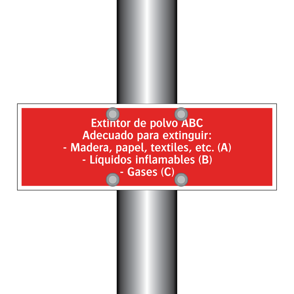 Extintor de polvo ABC Adecuado para extinguir: - Madera, papel, textiles, etc. (A) - Líquidos inflamables (B) - Gases (C)