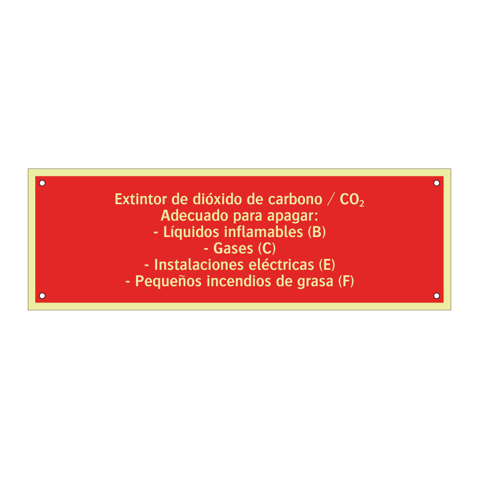 Extintor de dióxido de carbono / CO₂ Adecuado para apagar: - Líquidos inflamables (B) - Gases (C) - Instalaciones eléctricas (E) - Pequeños incendios de grasa (F)