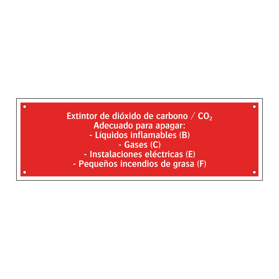 Extintor de dióxido de carbono / CO₂ Adecuado para apagar: - Líquidos inflamables (B) - Gases (C) - Instalaciones eléctricas (E) - Pequeños incendios de grasa (F)