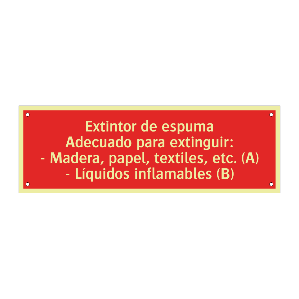 Extintor de espuma Adecuado para extinguir: - Madera, papel, textiles, etc. (A) - Líquidos inflamables (B)