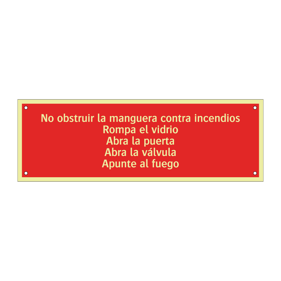 No obstruir la manguera contra incendios Rompa el vidrio Abra la puerta Abra la válvula Apunte al fuego