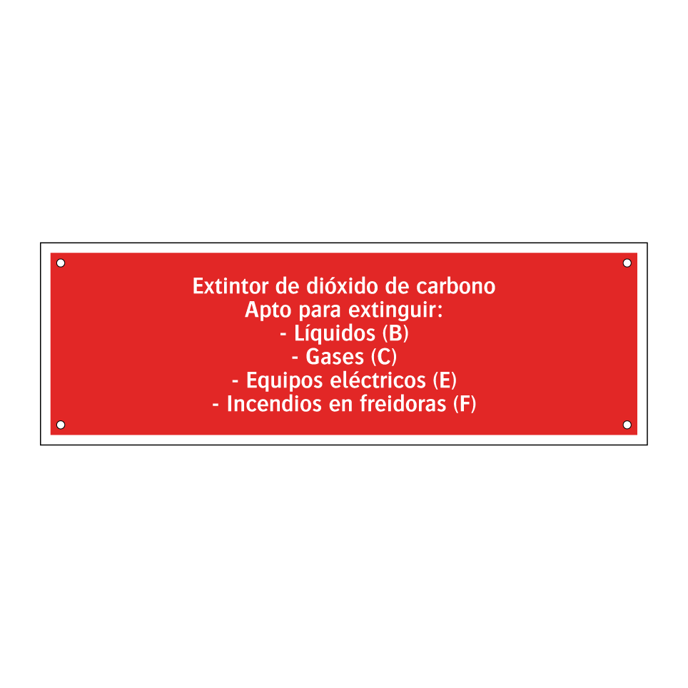 Extintor de dióxido de carbono Apto para extinguir: - Líquidos (B) - Gases (C) - Equipos eléctricos (E) - Incendios en freidoras (F)
