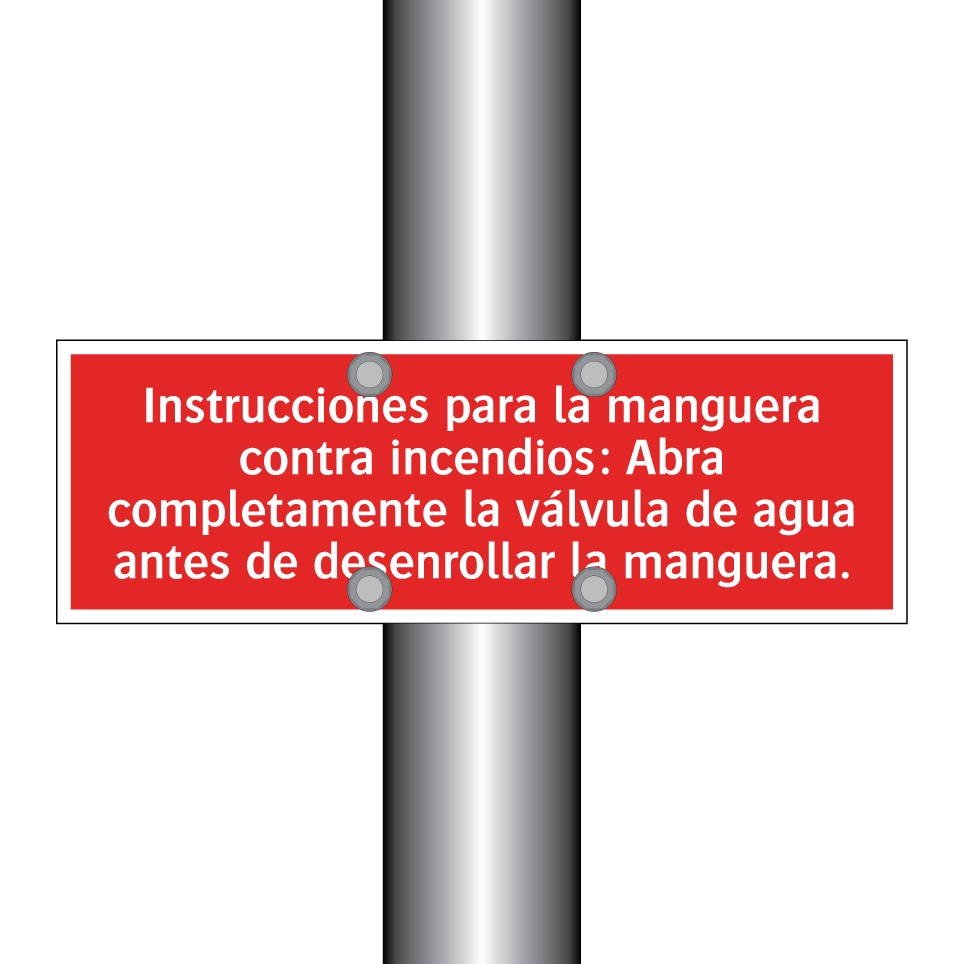 Instrucciones para la manguera contra incendios: Abra completamente la válvula de agua antes de desenrollar la manguera.