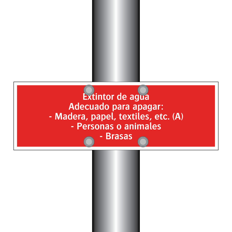 Extintor de agua Adecuado para apagar: - Madera, papel, textiles, etc. (A) - Personas o animales - Brasas