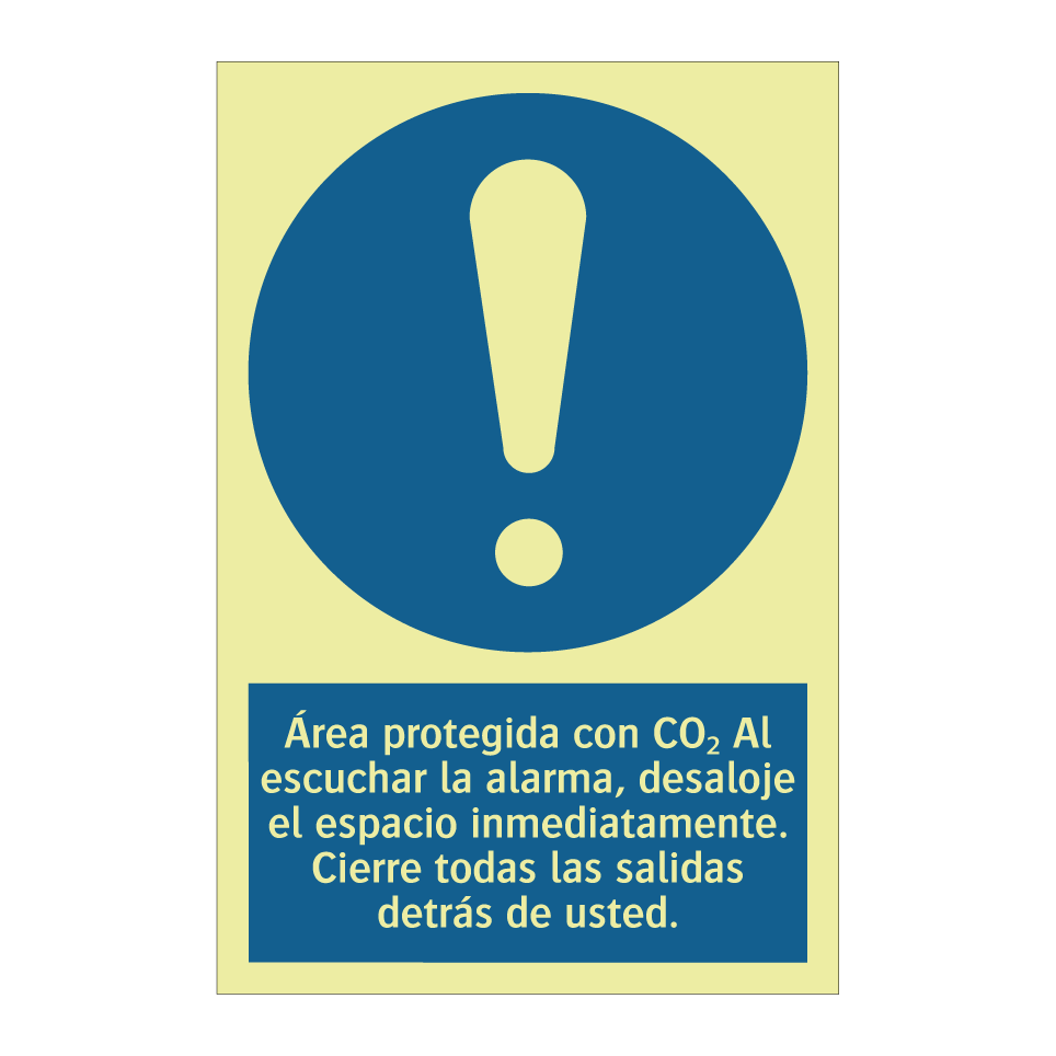 Área protegida con CO₂ Al escuchar la alarma, desaloje el espacio inmediatamente. Cierre todas las salidas detrás de usted.