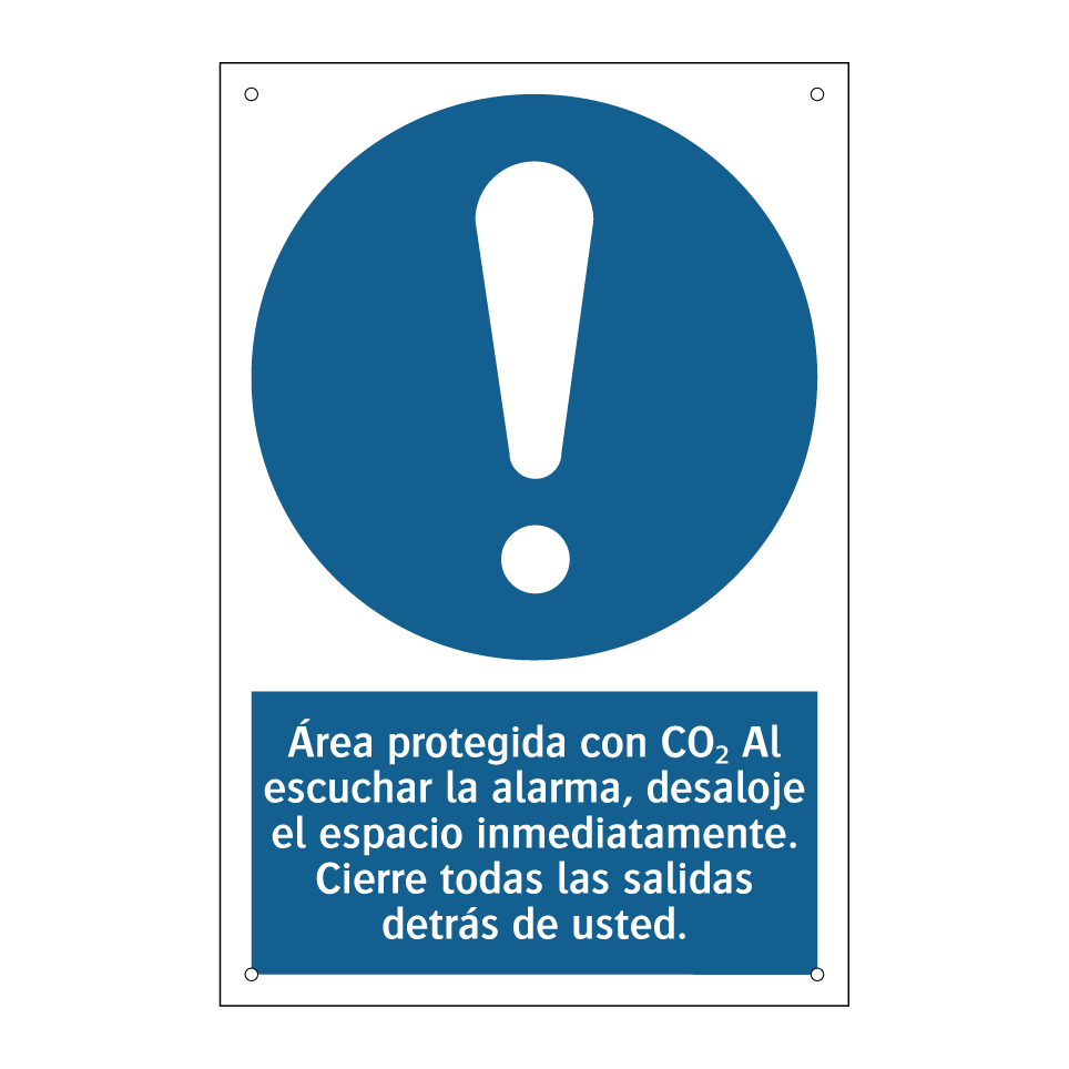 Área protegida con CO₂ Al escuchar la alarma, desaloje el espacio inmediatamente. Cierre todas las salidas detrás de usted.