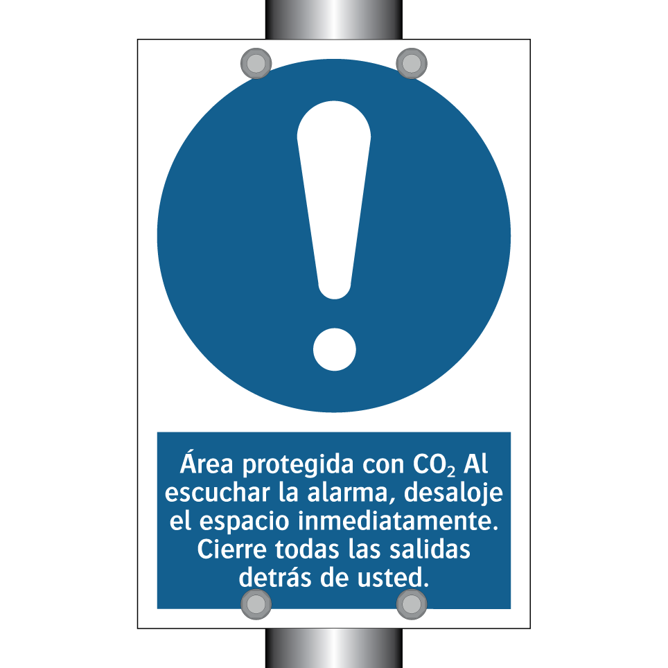 Área protegida con CO₂ Al escuchar la alarma, desaloje el espacio inmediatamente. Cierre todas las salidas detrás de usted.