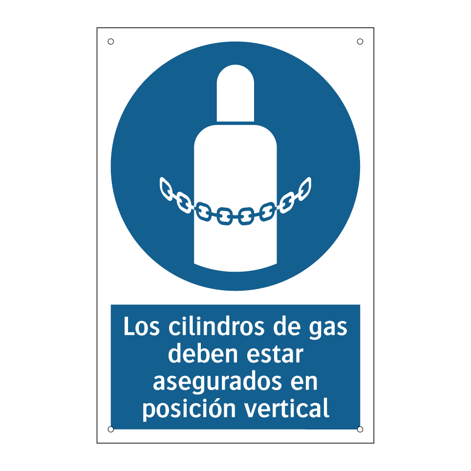Los cilindros de gas deben estar asegurados en posición vertical