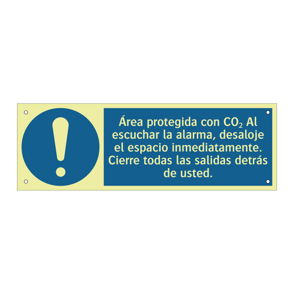 Área protegida con CO₂ Al escuchar la alarma, desaloje el espacio inmediatamente. Cierre todas las salidas detrás de usted.