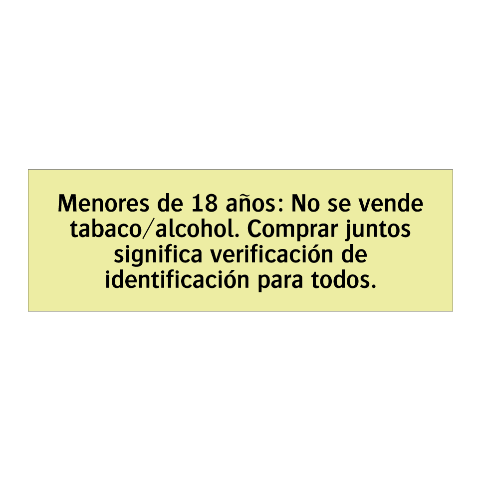 Menores de 18 años: No se vende tabaco/alcohol. Comprar juntos significa verificación de identificación para todos.