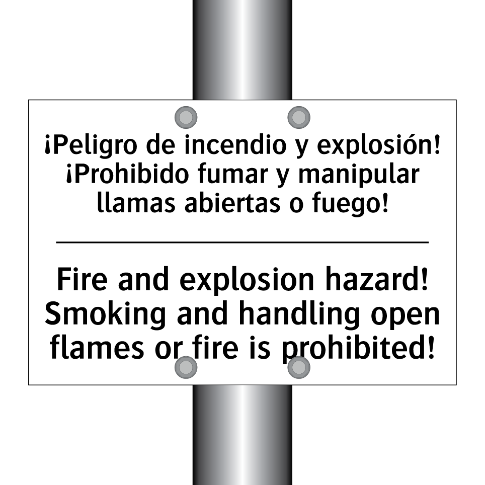 ¡Peligro de incendio y explosión! ¡Prohibido fumar y manipular llamas abiertas o fuego! - Fire and explosion hazard! Smoking and handling open flames or fire is prohibited!