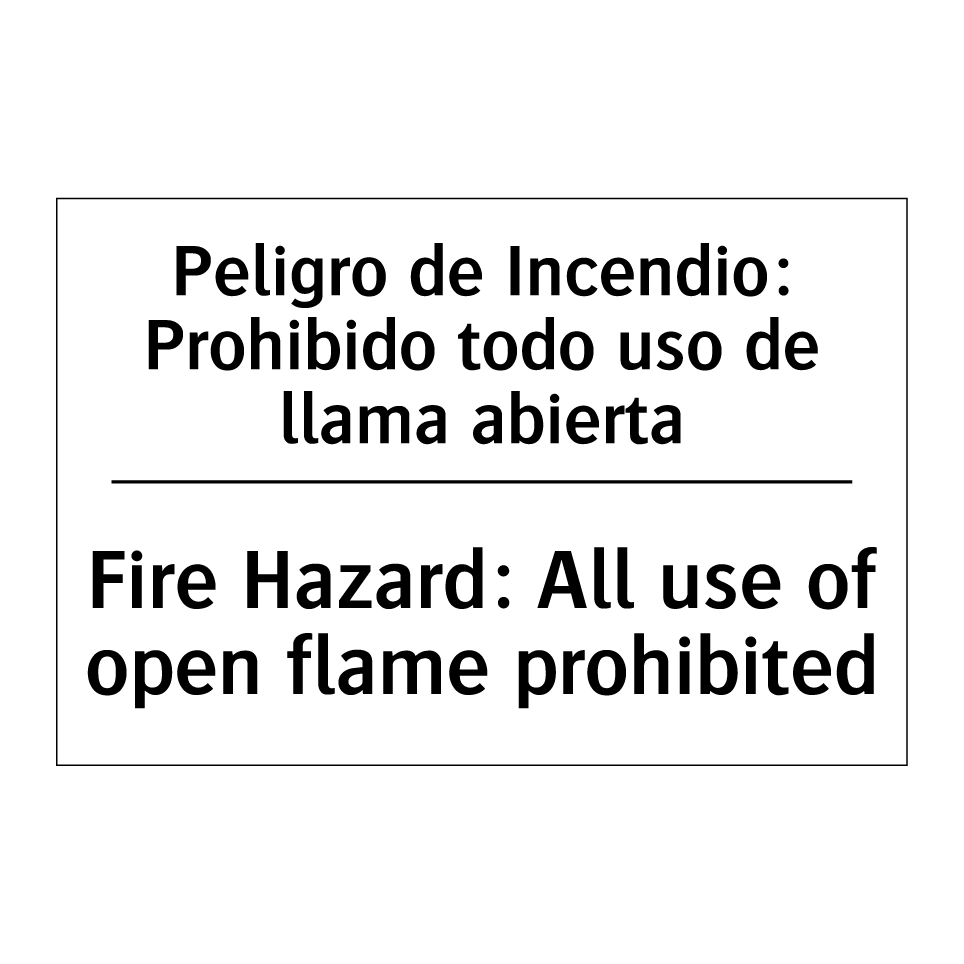 Peligro de Incendio: Prohibido todo uso de llama abierta - Fire Hazard: All use of open flame prohibited