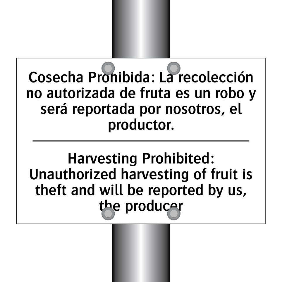 Cosecha Prohibida: La recolección no autorizada de fruta es un robo y será reportada por nosotros, el productor. - Harvesting Prohibited: Unauthorized harvesting of fruit is theft and will be reported by us, the producer