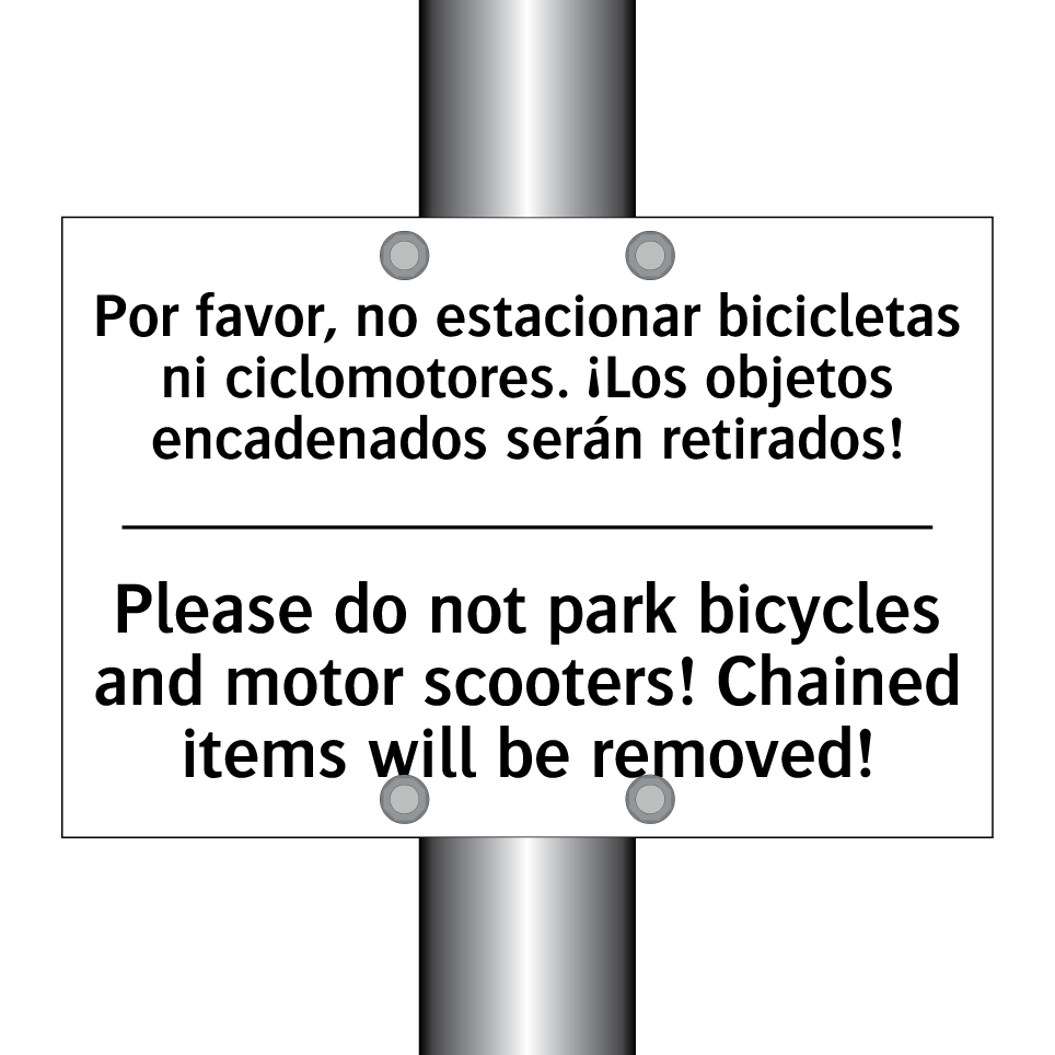 Por favor, no estacionar bicicletas ni ciclomotores. ¡Los objetos encadenados serán retirados! - Please do not park bicycles and motor scooters! Chained items will be removed!
