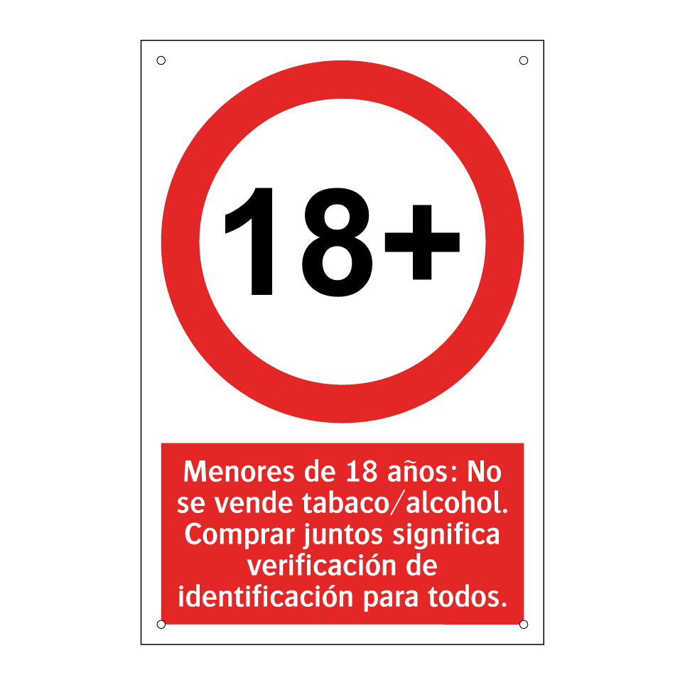 Menores de 18 años: No se vende tabaco/alcohol. Comprar juntos significa verificación de identificación para todos.