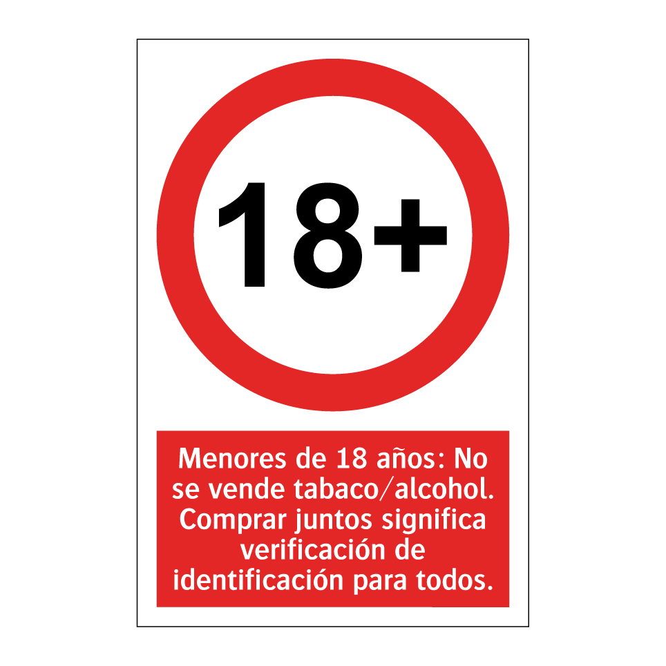 Menores de 18 años: No se vende tabaco/alcohol. Comprar juntos significa verificación de identificación para todos.