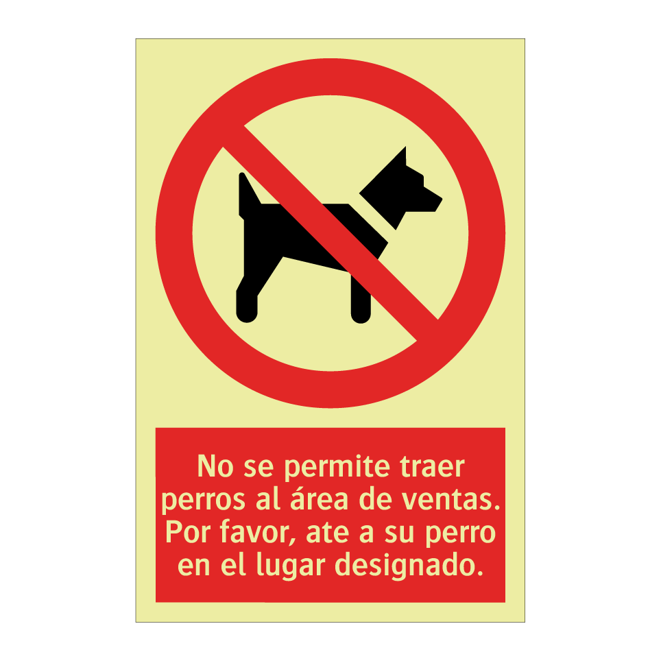 No se permite traer perros al área de ventas. Por favor, ate a su perro en el lugar designado.