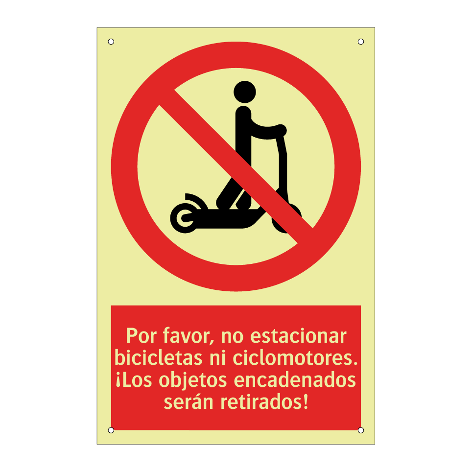 Por favor, no estacionar bicicletas ni ciclomotores. ¡Los objetos encadenados serán retirados!