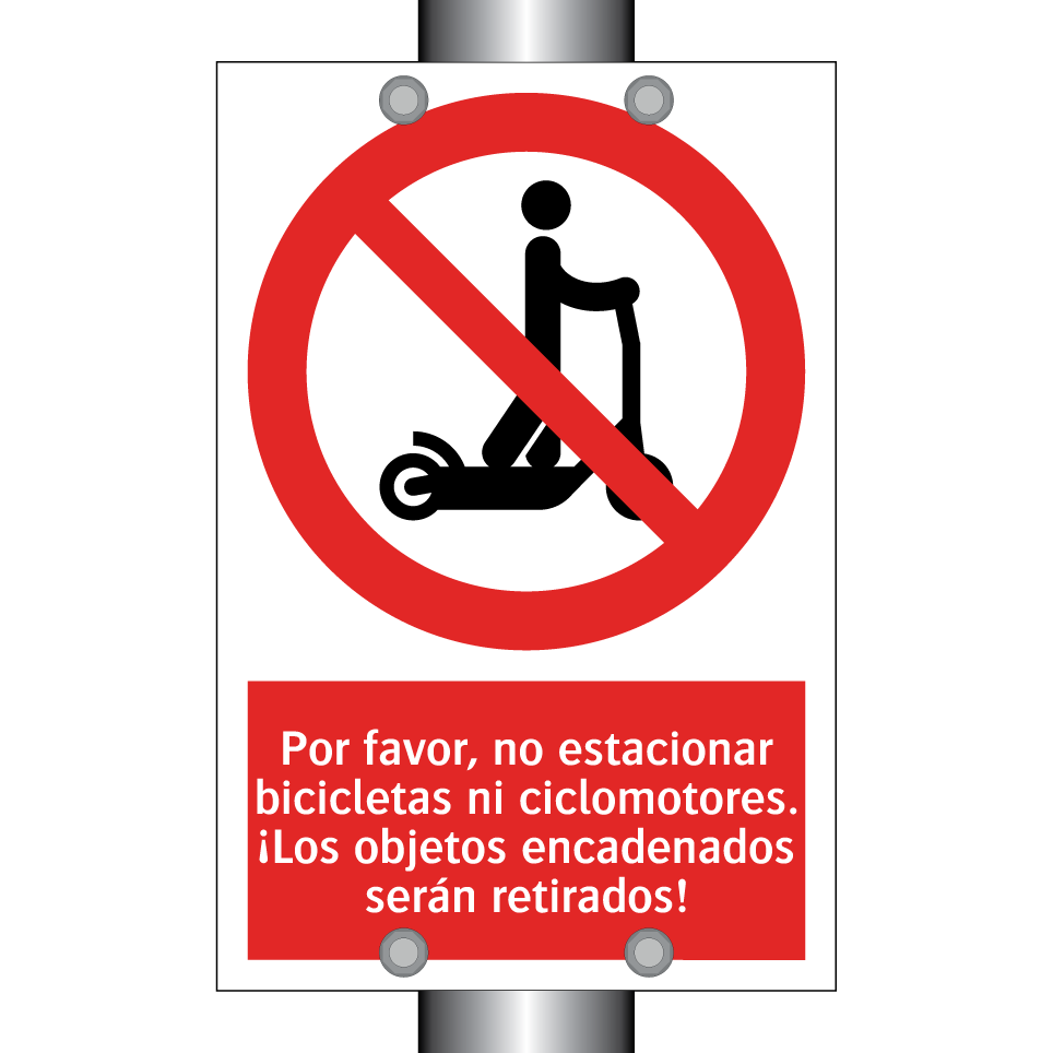 Por favor, no estacionar bicicletas ni ciclomotores. ¡Los objetos encadenados serán retirados!