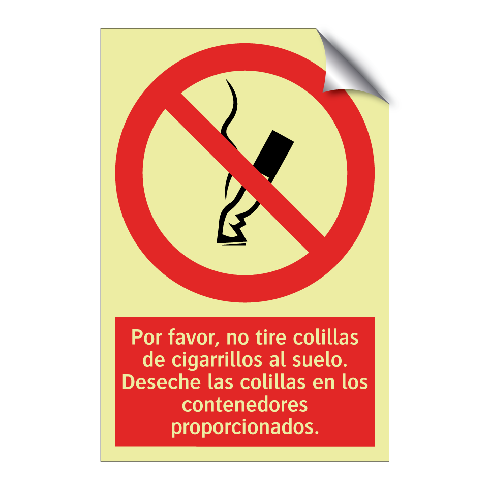 Por favor, no tire colillas de cigarrillos al suelo. Deseche las colillas en los contenedores proporcionados.