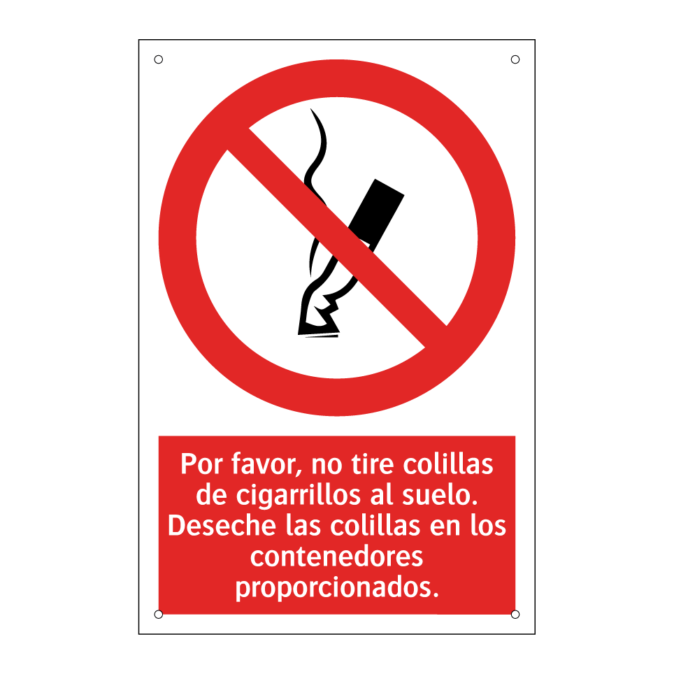 Por favor, no tire colillas de cigarrillos al suelo. Deseche las colillas en los contenedores proporcionados.