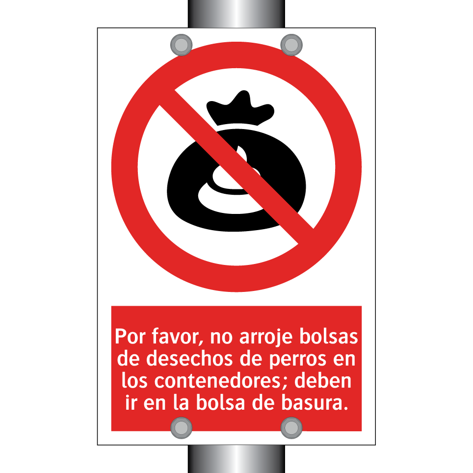 Por favor, no arroje bolsas de desechos de perros en los contenedores; deben ir en la bolsa de basura.