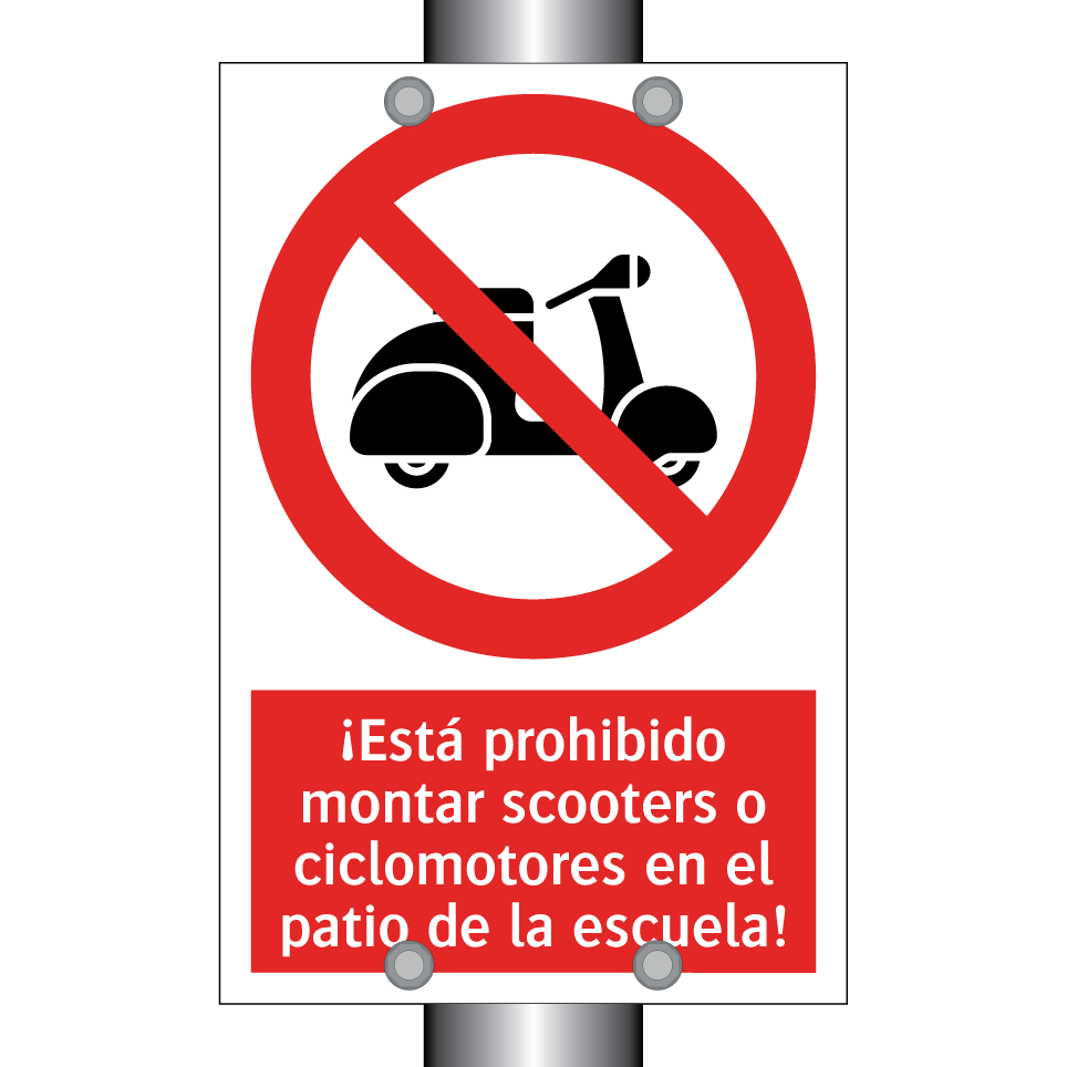 ¡Está prohibido montar scooters o ciclomotores en el patio de la escuela!