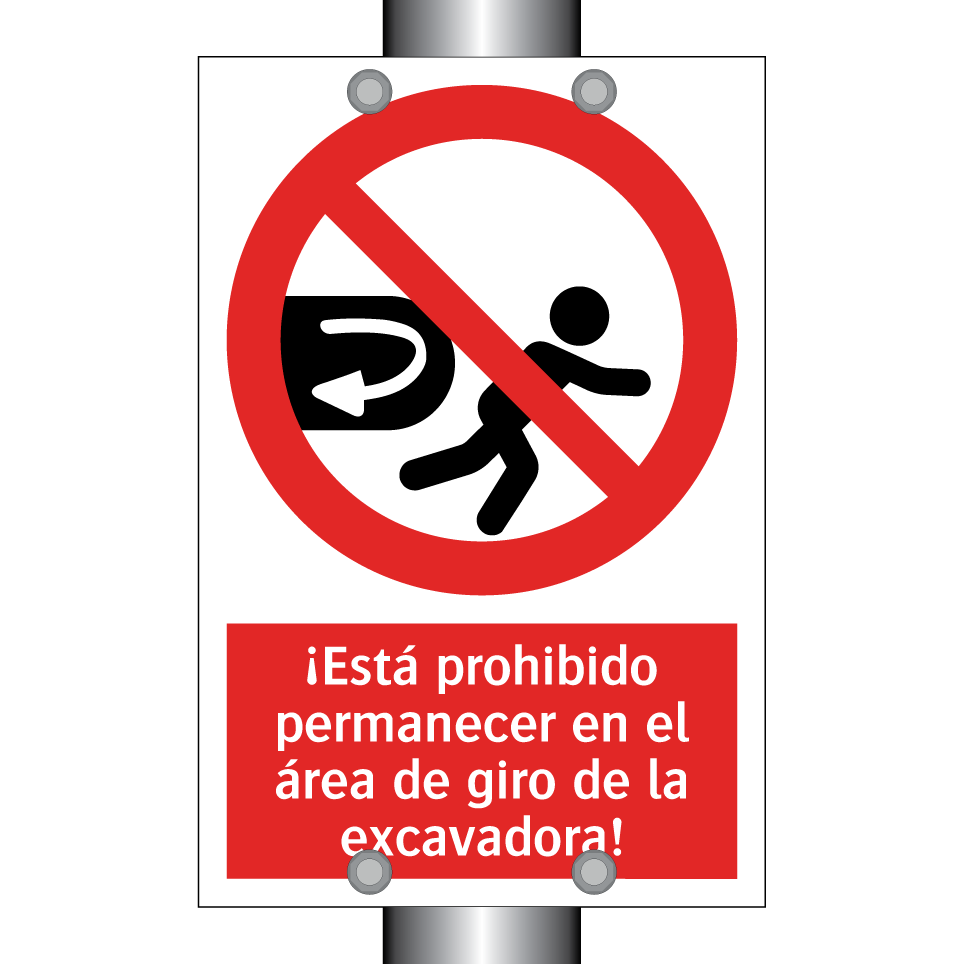 ¡Está prohibido permanecer en el área de giro de la excavadora!