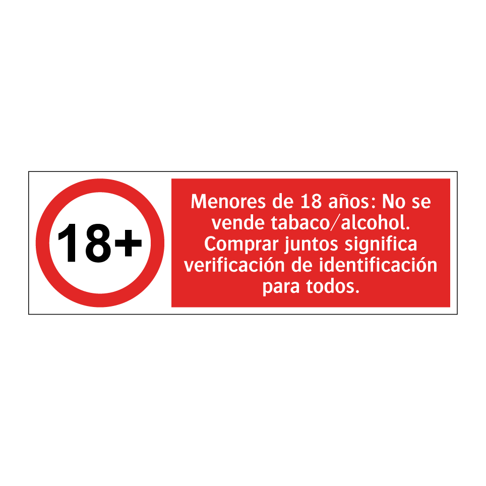Menores de 18 años: No se vende tabaco/alcohol. Comprar juntos significa verificación de identificación para todos.