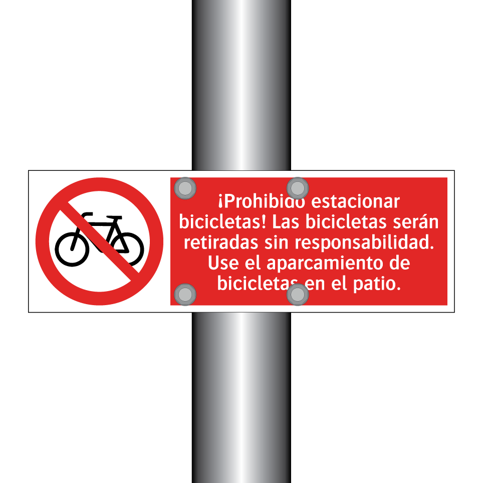 ¡Prohibido estacionar bicicletas! Las bicicletas serán retiradas sin responsabilidad. Use el aparcamiento de bicicletas en el patio.