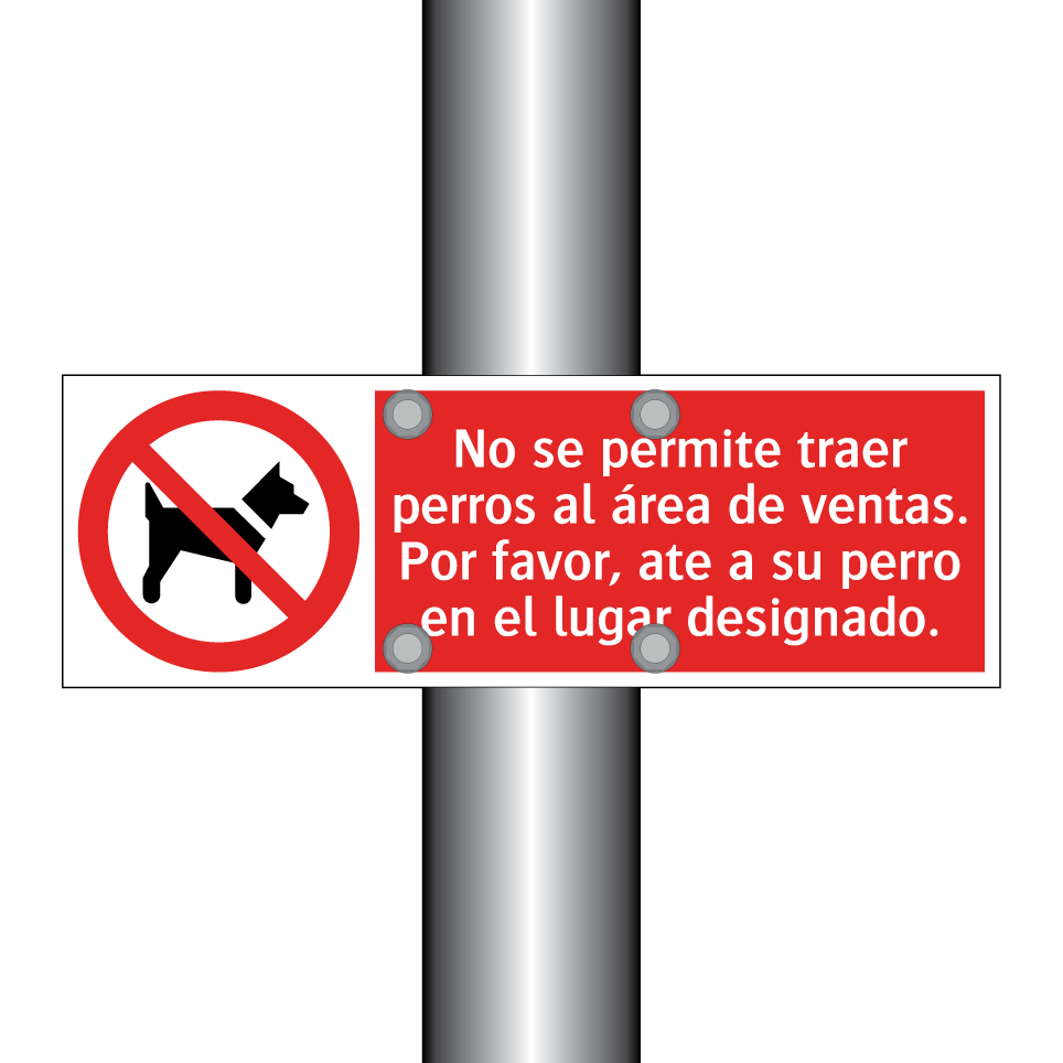 No se permite traer perros al área de ventas. Por favor, ate a su perro en el lugar designado.