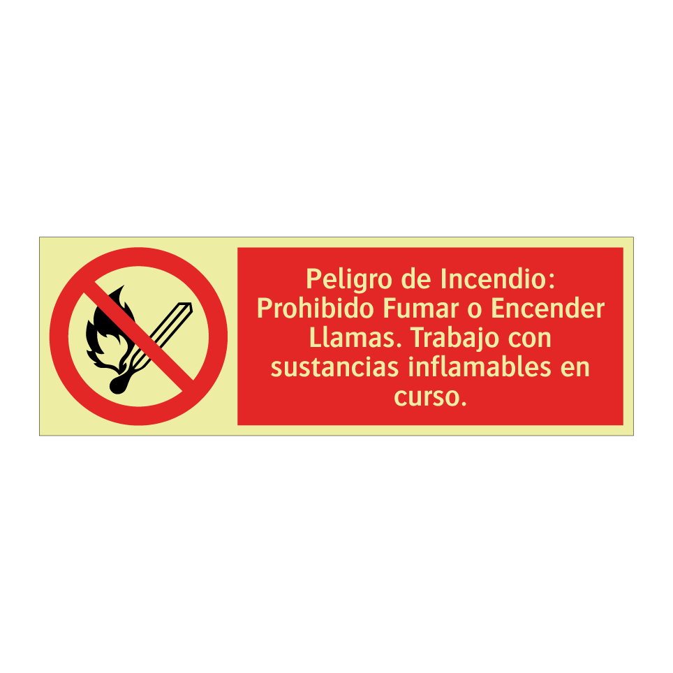 Peligro de Incendio: Prohibido Fumar o Encender Llamas. Trabajo con sustancias inflamables en curso.