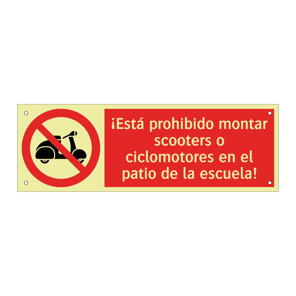 ¡Está prohibido montar scooters o ciclomotores en el patio de la escuela!