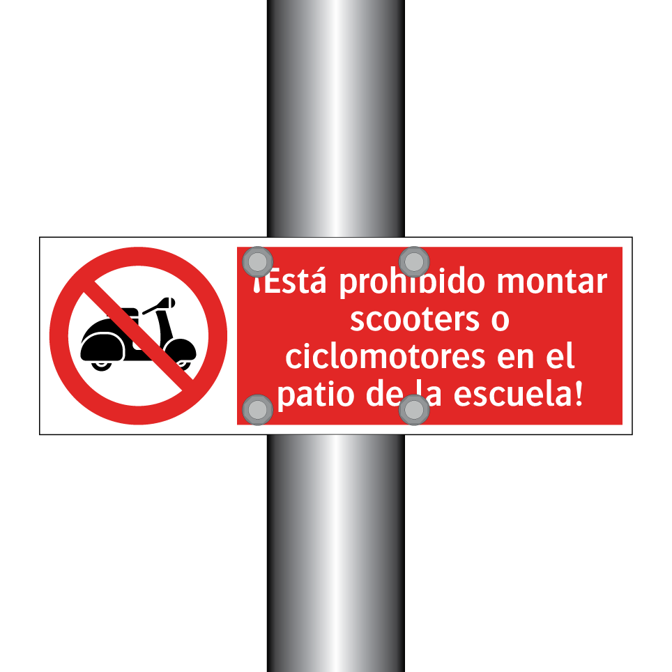 ¡Está prohibido montar scooters o ciclomotores en el patio de la escuela!