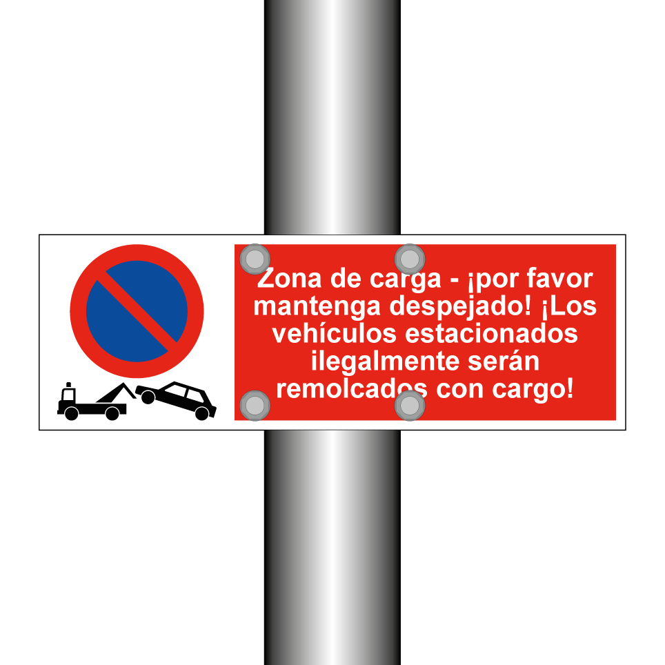 Zona de carga - ¡por favor mantenga despejado! ¡Los vehículos estacionados ilegalmente serán remolcados con cargo!