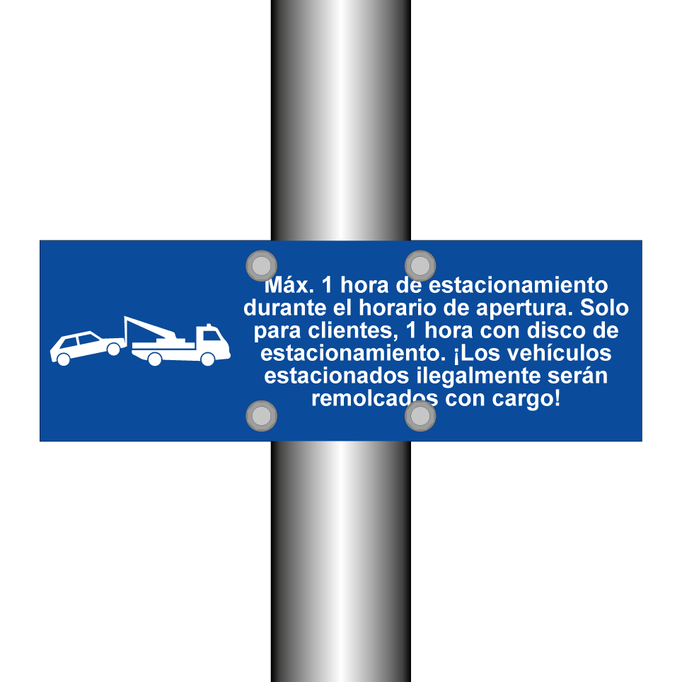Máx. 1 hora de estacionamiento durante el horario de apertura. Solo para clientes, 1 hora con disco de estacionamiento. ¡Los vehículos estacionados ilegalmente serán remolcados con cargo!