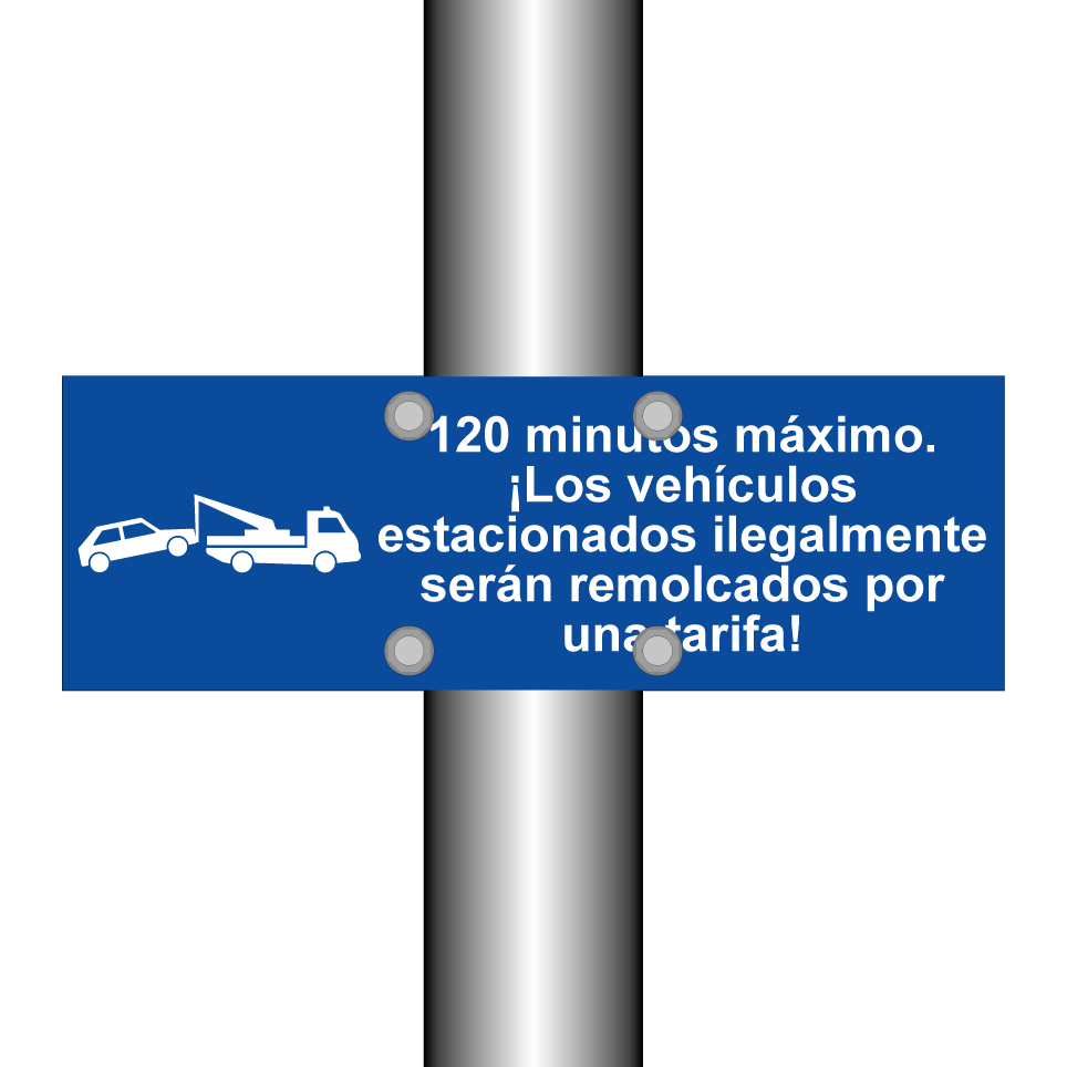 120 minutos máximo. ¡Los vehículos estacionados ilegalmente serán remolcados por una tarifa!