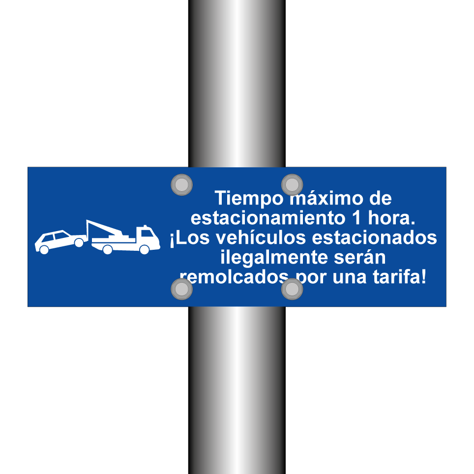 Tiempo máximo de estacionamiento 1 hora. ¡Los vehículos estacionados ilegalmente serán remolcados por una tarifa!