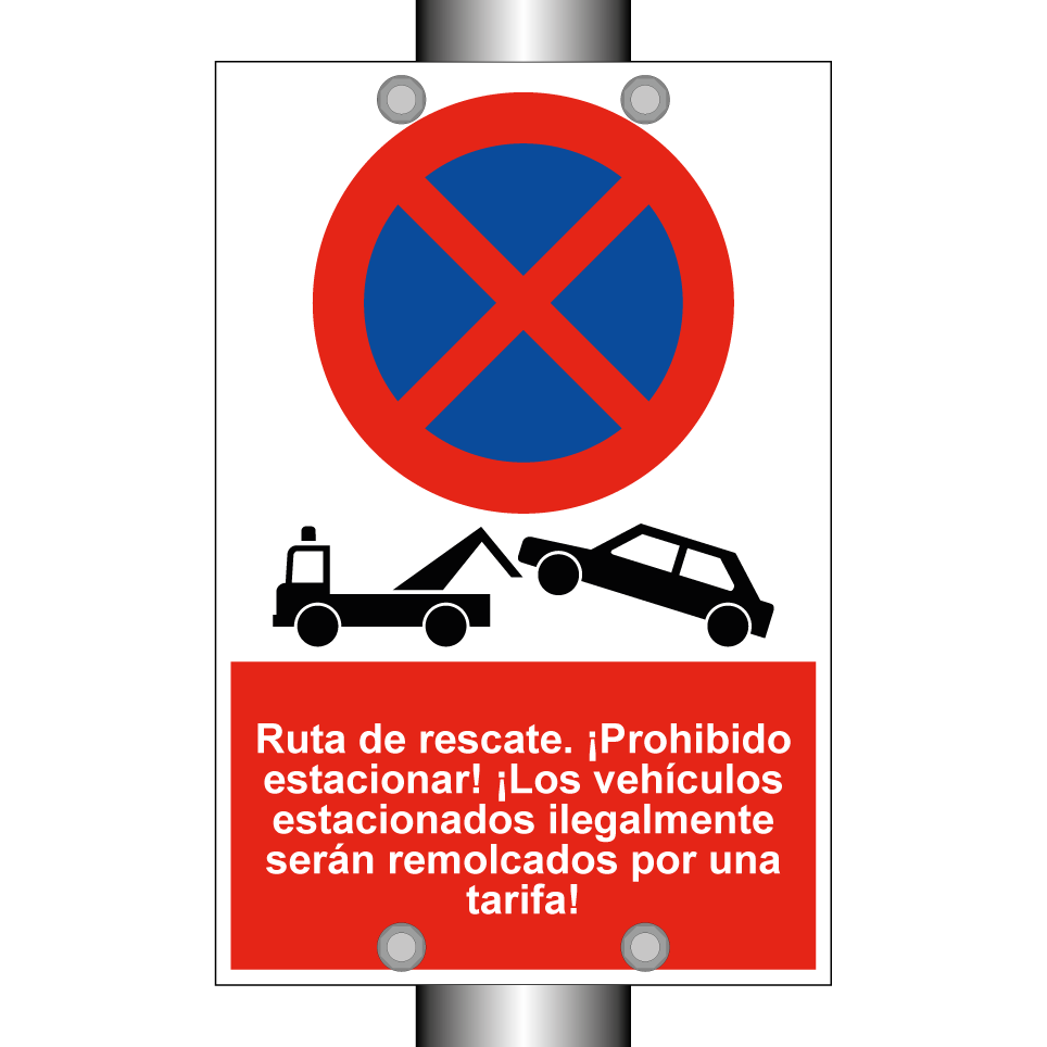 Ruta de rescate. ¡Prohibido estacionar! ¡Los vehículos estacionados ilegalmente serán remolcados por una tarifa!