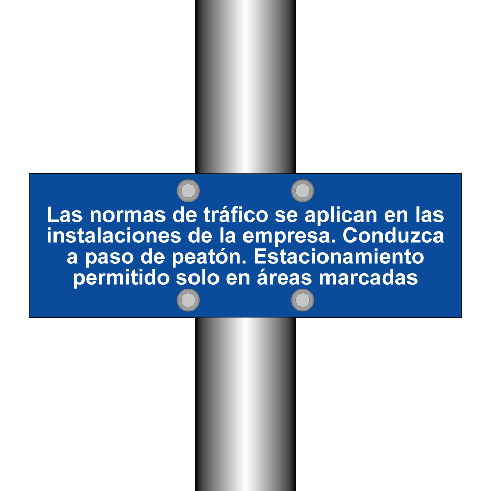 Las normas de tráfico se aplican en las instalaciones de la empresa. Conduzca a paso de peatón. Estacionamiento permitido solo en áreas marcadas