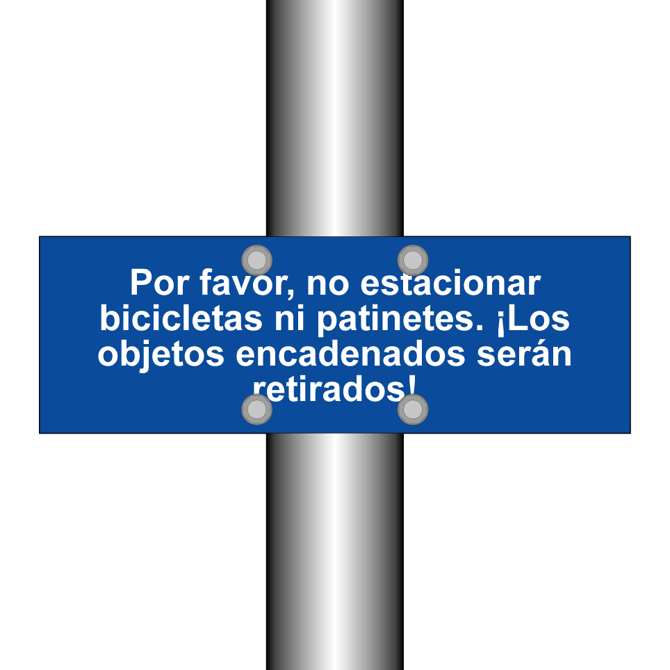 Por favor, no estacionar bicicletas ni patinetes. ¡Los objetos encadenados serán retirados!
