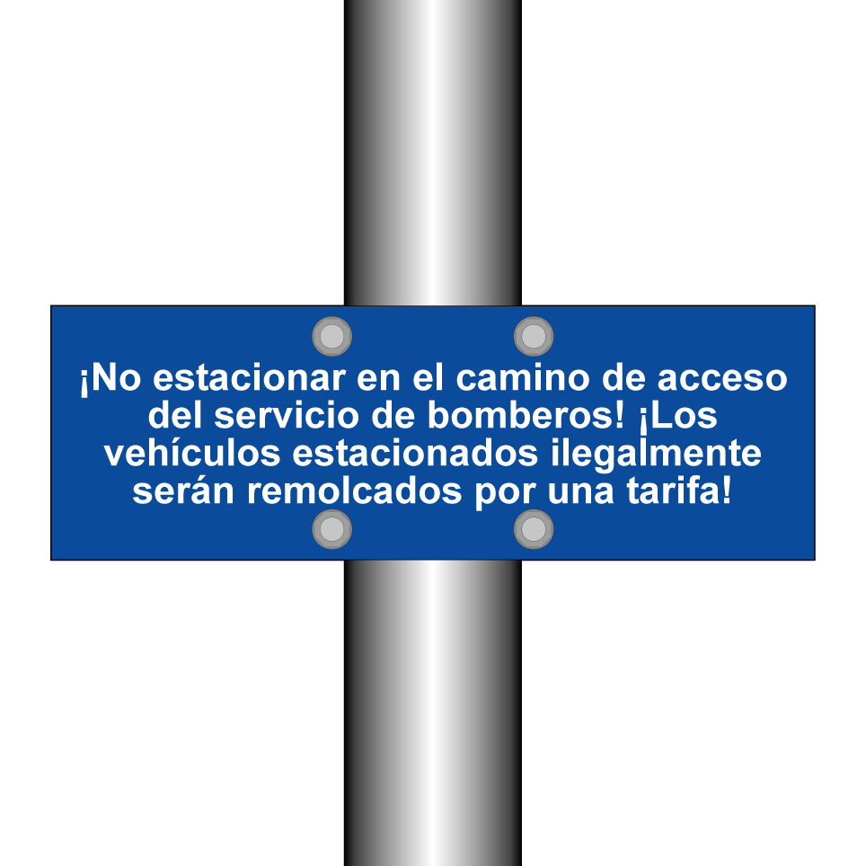¡No estacionar en el camino de acceso del servicio de bomberos! ¡Los vehículos estacionados ilegalmente serán remolcados por una tarifa!
