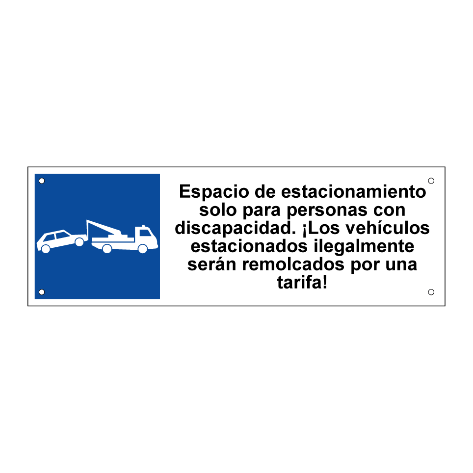Espacio de estacionamiento solo para personas con discapacidad. ¡Los vehículos estacionados ilegalmente serán remolcados por una tarifa!