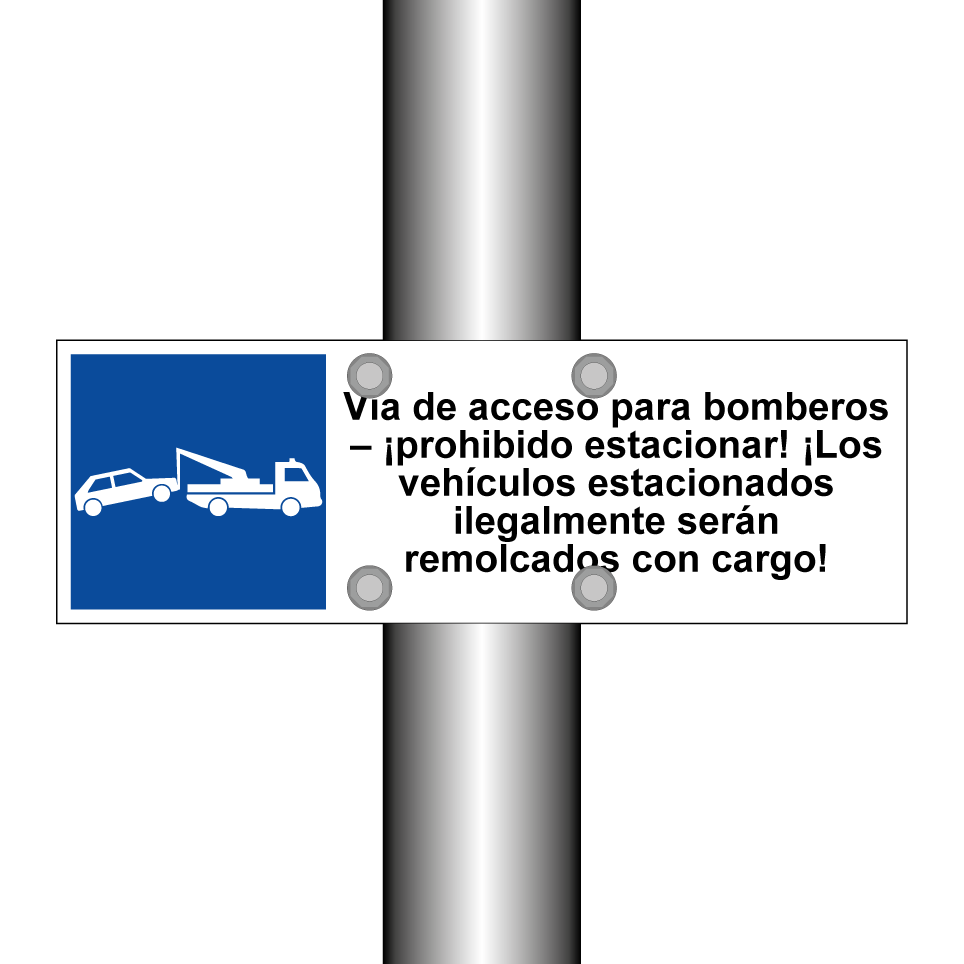 Vía de acceso para bomberos – ¡prohibido estacionar! ¡Los vehículos estacionados ilegalmente serán remolcados con cargo!