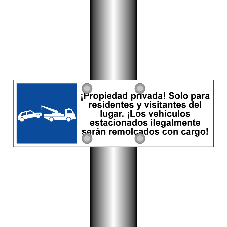 ¡Propiedad privada! Solo para residentes y visitantes del lugar. ¡Los vehículos estacionados ilegalmente serán remolcados con cargo!