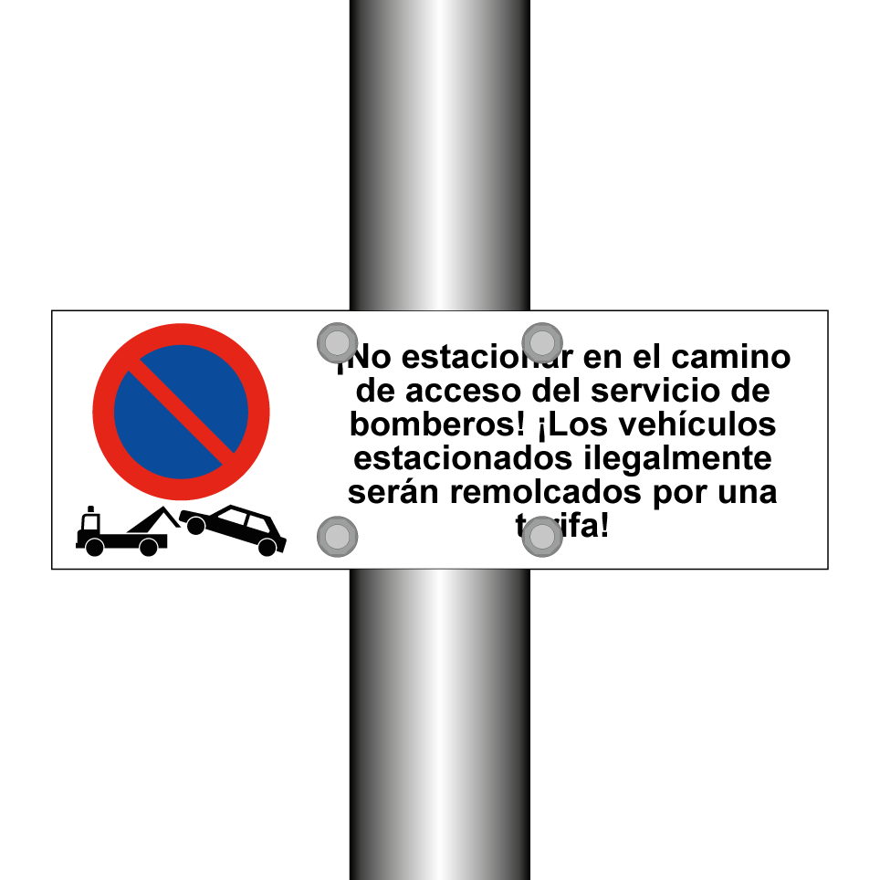 ¡No estacionar en el camino de acceso del servicio de bomberos! ¡Los vehículos estacionados ilegalmente serán remolcados por una tarifa!