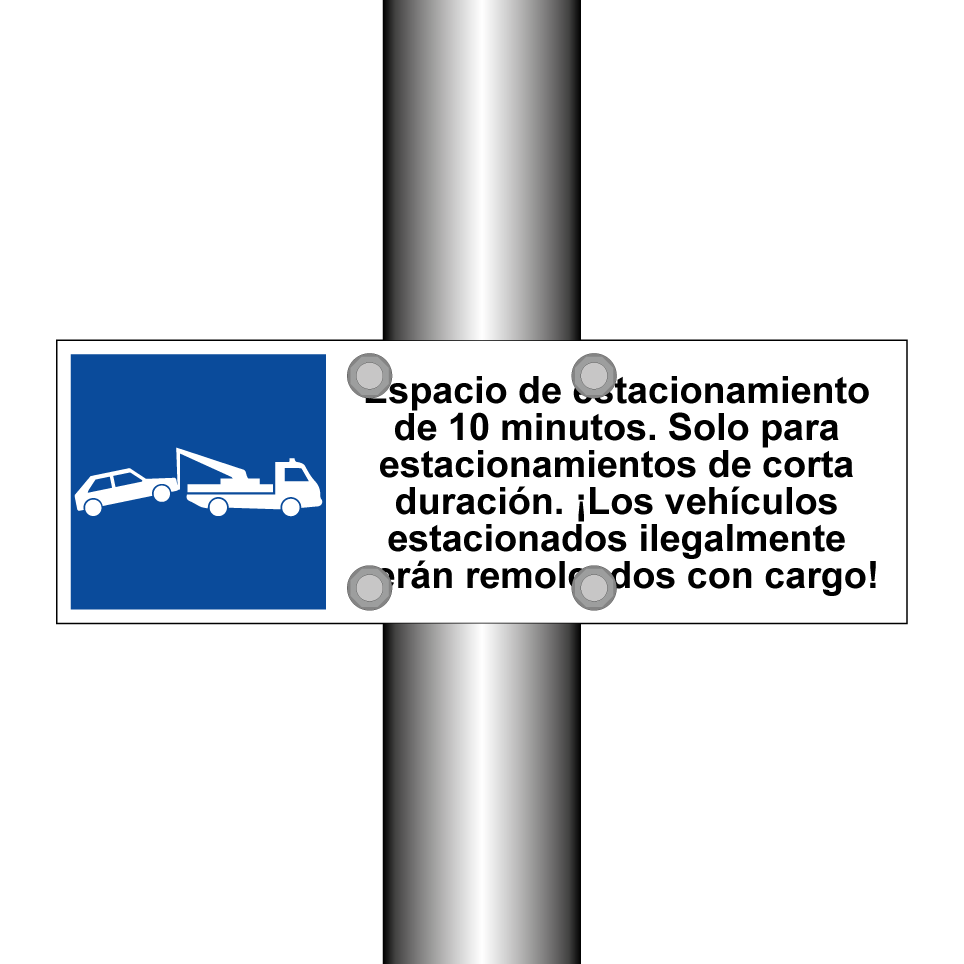 Espacio de estacionamiento de 10 minutos. Solo para estacionamientos de corta duración. ¡Los vehículos estacionados ilegalmente serán remolcados con cargo!