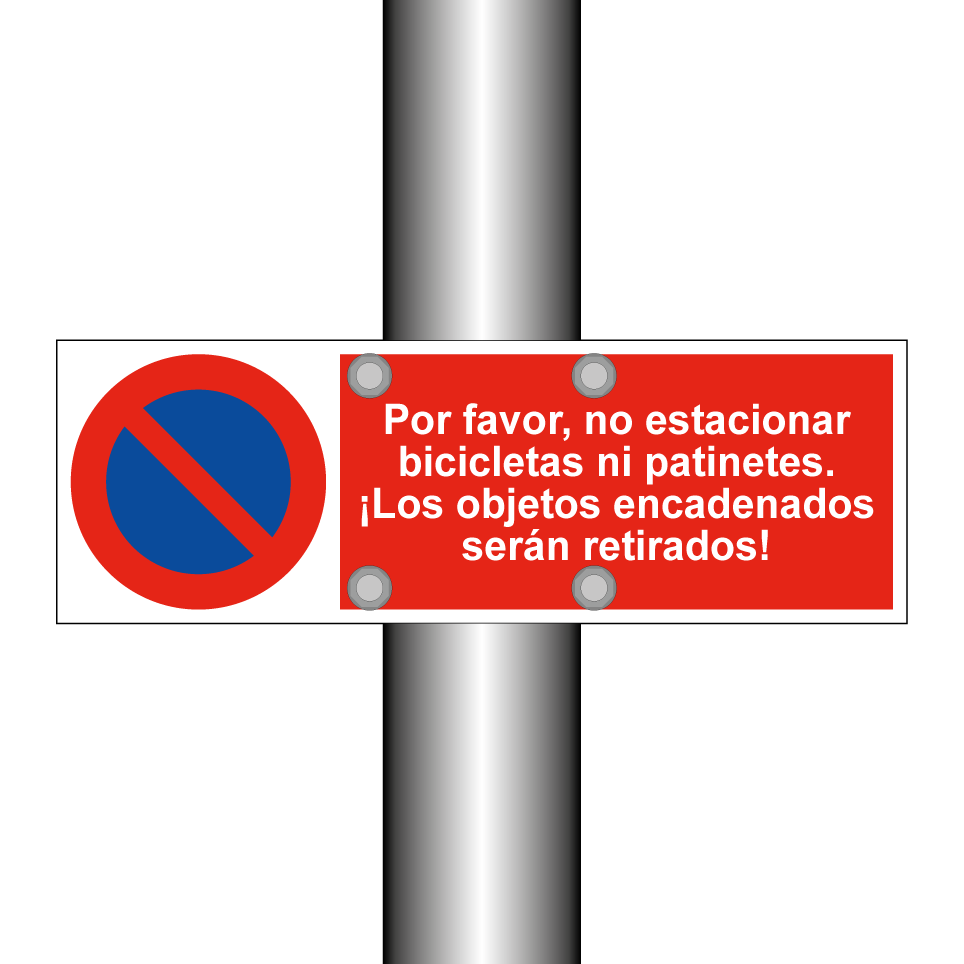 Por favor, no estacionar bicicletas ni patinetes. ¡Los objetos encadenados serán retirados!